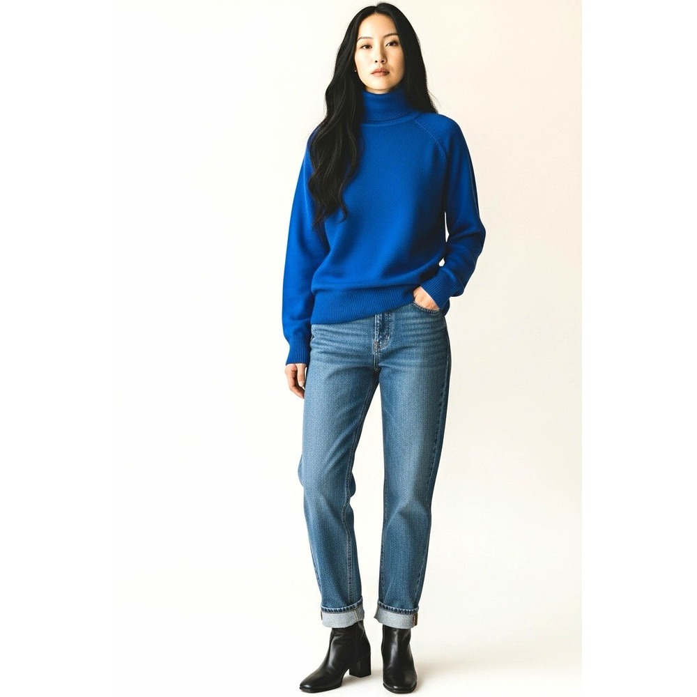 Jeanne Pierre Womens L Blue Solid Knit Turtleneck Pullover Raglan Ribbed Cotton